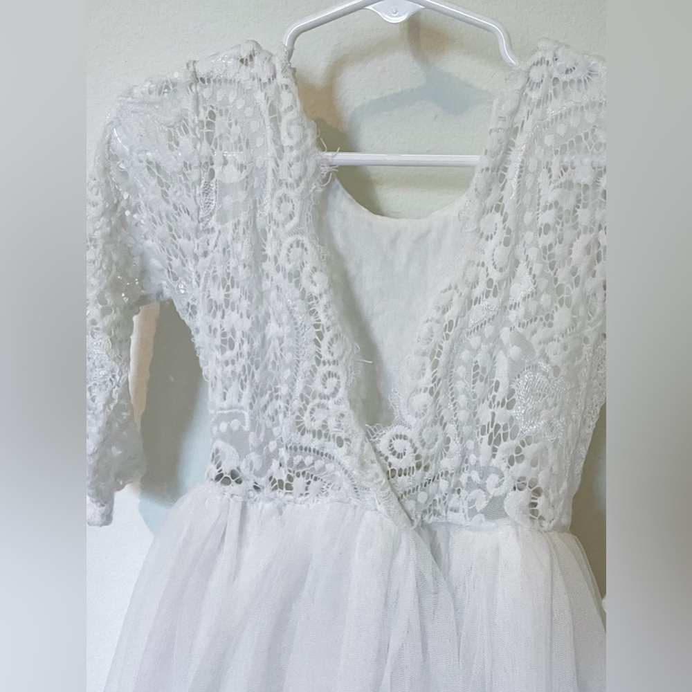 Girls White Lace Quarter Sleeve Long Tulle Dress - Picture 3 of 5
